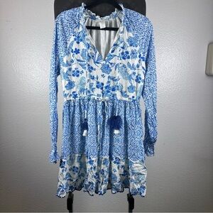 House of Harlow Women’s Boho Blue and White Floral Long Sleeve Dress Size XS